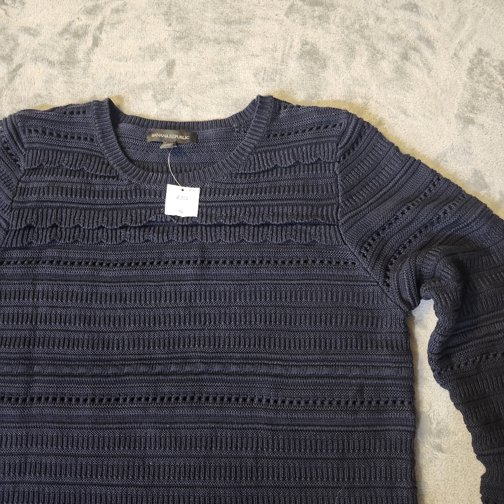 Banana Republic Crochet Navy Sweater, NWT Ruffled Accents Long Sleeved XL,